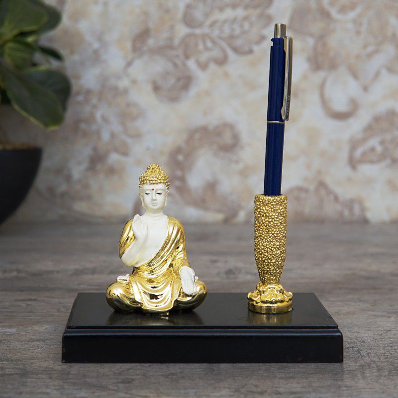 StatueStudio 1 Compartments Polyresin Wooden Pen Holder with Buddha Idol Desk Organizer Tabletop Religious Showpiece  (White)