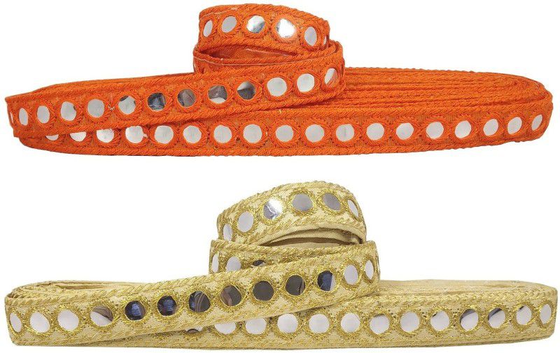 De-Ultimate CWG0345-013 Pack of 2 (9mtr & Width:2cm) Orange & Golden Gota Kinari Thread Sitara Border Lace Reel  (Pack of 2)