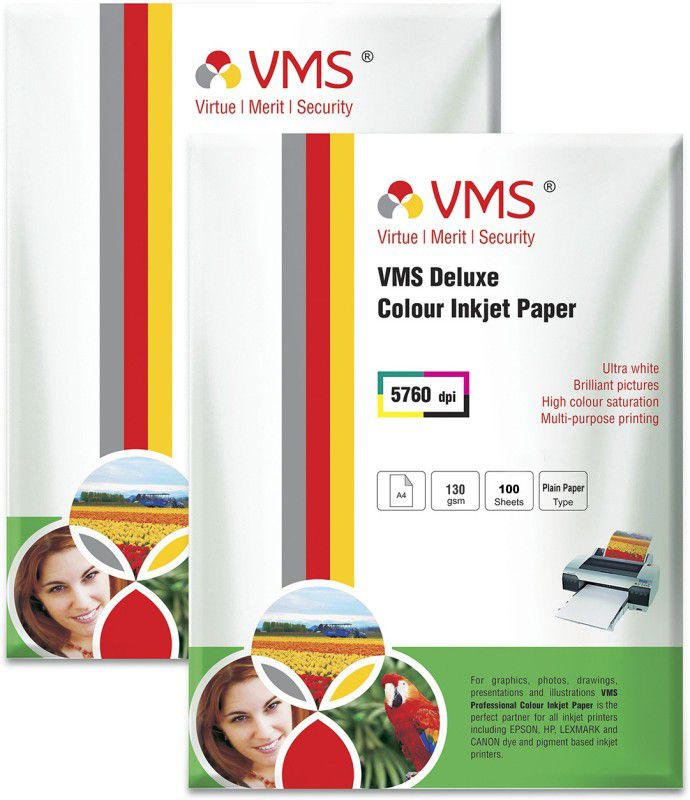 VMS Deluxe High Glossy Inkjet Photo Paper (2 x 100 sheets) Unruled A4 130 gsm Inkjet Paper  (Set of 2, White)