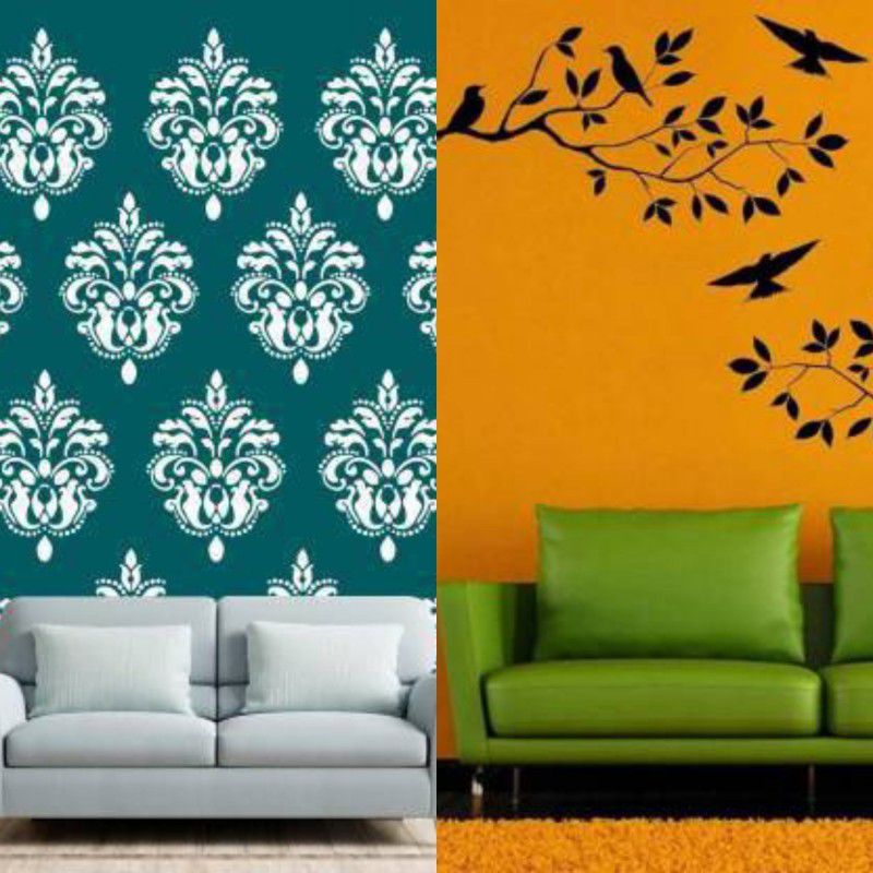 Aaradhya Collection Reusable DIY Designer PVC Wall Stencil Painting for Home Decoration Combo (16 x 24 inches, Designer Pattern & Birds On Tree Design) B5520_A870 Wall Stencil Stencil  (Pack of 2, Printed)
