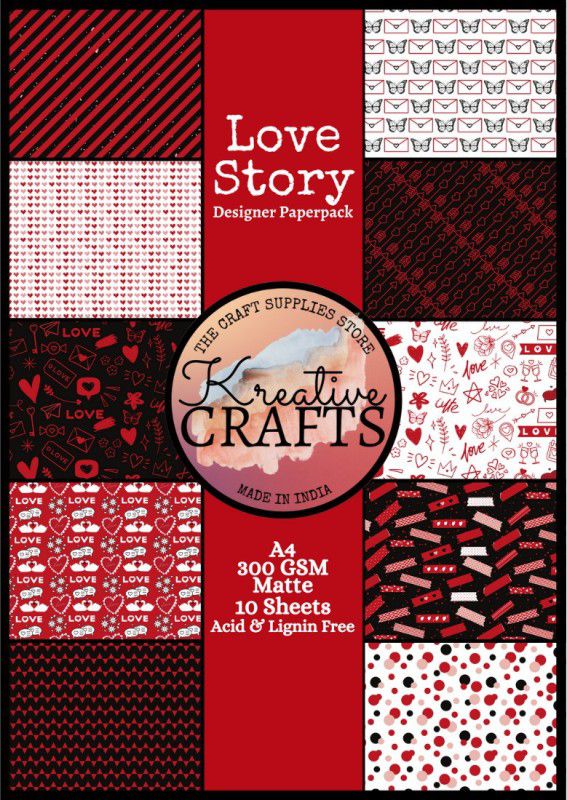 Kreative Crafts Love Story Designer Paperpack A4 300 gsm Craft paper  (Set of 1, Red, Black)