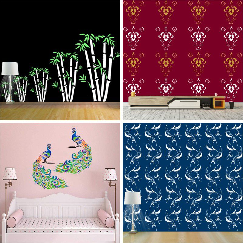 JAZZIKA Painting Wall Stencils PATTERN:- "Bamboo Art", "Rajasthani Festive Art", "Classy Peacock", "Falling Leaf Art" Design Ideal For Home Wall Decor Stencil  (Pack of 4, "Note- Jāzzikā Creations Created this Listing")