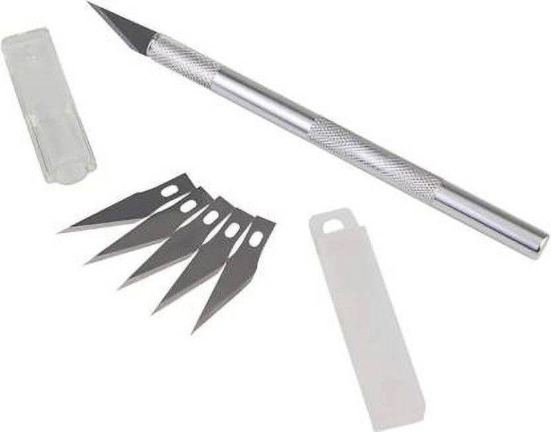 SAMRAT Detail Precision 5 Interchangeable Sharp Blades Pen Knife for Carving Mat 5 BLADE Metal Grip Hand-held Paper Cutter  (Set Of 1, Silver)