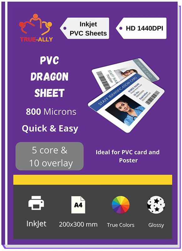 True-Ally PVC Lamination Dragon Sheet A4 Size 800 Micron for PVC Aadhar , Photos, ID card (Set of 5 Cores and 10 Overlays) Unruled A4 800 gsm Inkjet Paper  (Set of 1, White)