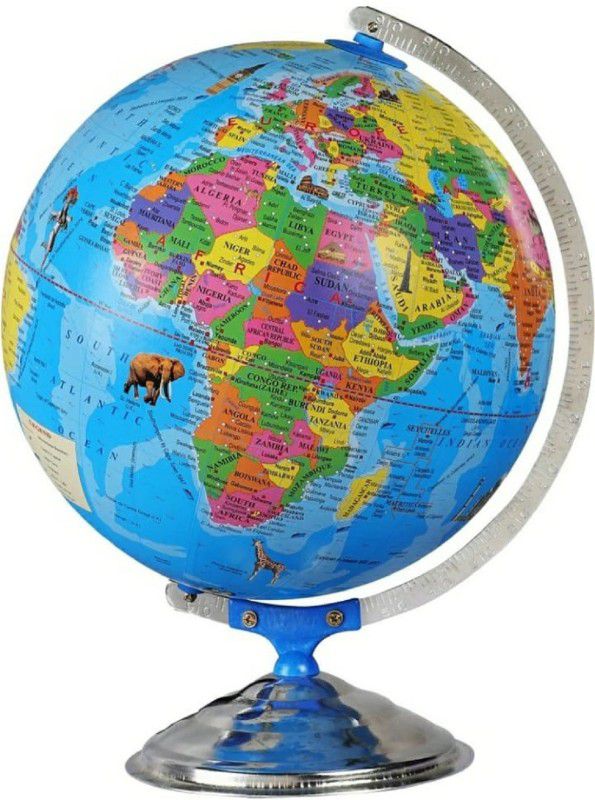 GAV World Political Globe (8") laminated, with monuments, steel finish arc and base Desk and Table Top Political World Globe  (medium blue)