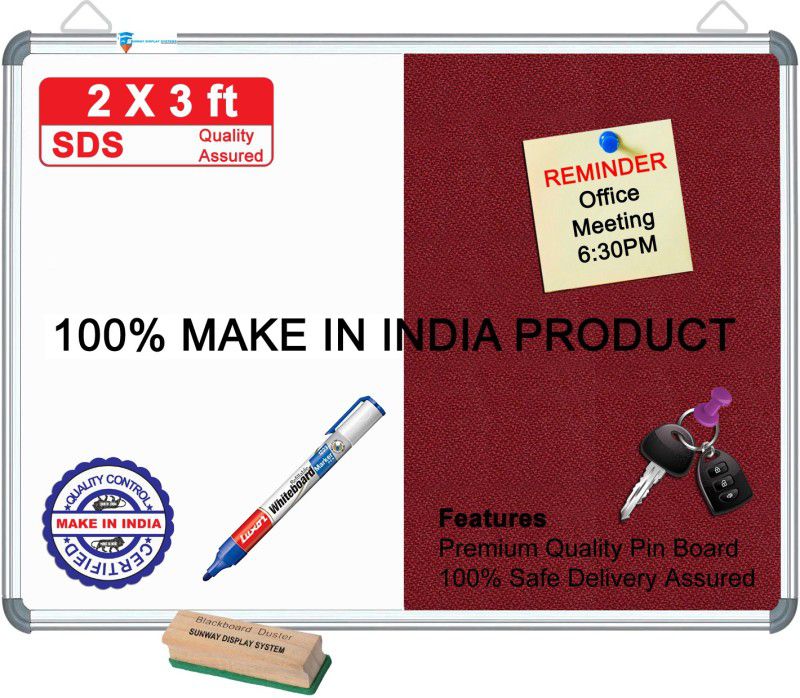 sunway Display Systems Combination Board (Non-Magnetic Whiteboard with maroon Pin-up Notice Board) for Home, Office & School, Heavy-Duty Aluminium Frame MEGNETIC comB(2*3)v27 Cork Bulletin Board  (maroon)