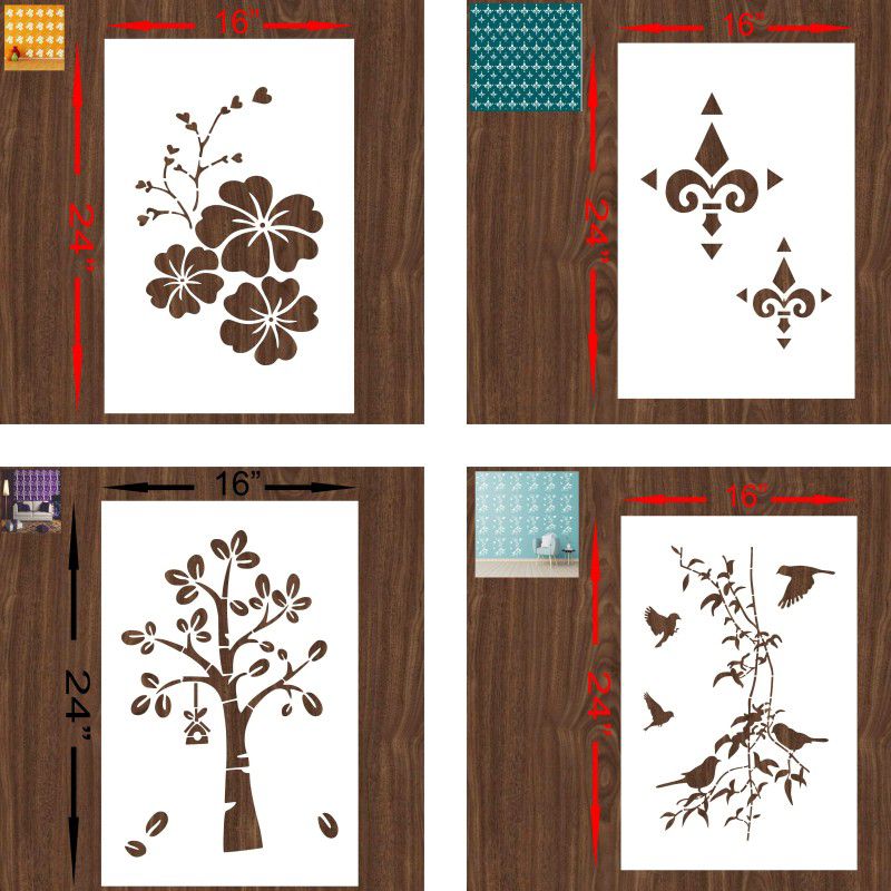 FLEXISHINE DECOR (Size:- 16X24 Inch) THEME-Floral,Damask,Tree, AND,Bird on Tree Branch Pattern Suitable For Bedroom, Drawing Room & Office Decoration Modern Home Wall Arts Stencil  (Pack of 4, Paint Home Decor)