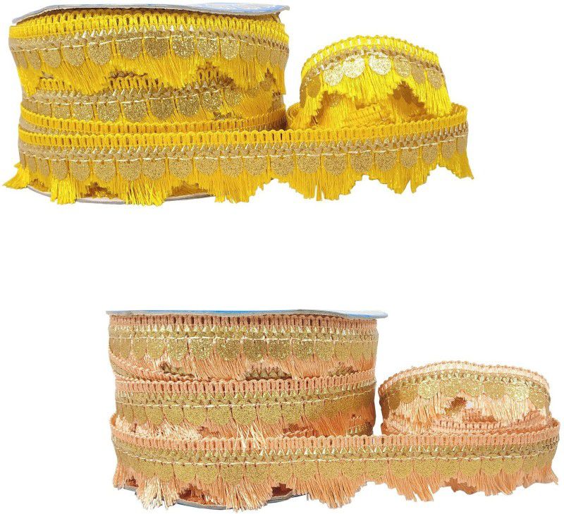 De-Ultimate CWG0341-004 Pack of 2 (18mtr & 2.5cm Width) Yellow & Peach Gota Kinari Sitara Trim Border Lace Reel  (Pack of 2)