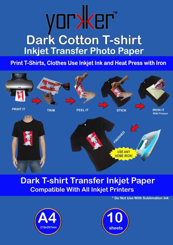 Yorkker Dark Cotton T-shirt Inkjet Transfer Paper Pack of 10 Sheets of A4 Size|Photo Paper for DIY Print T-Shirts, Clothes Use Inkjet Ink and Heat Press with Iron Unruled A4 180 gsm Transfer Paper  (Set of 1, White)