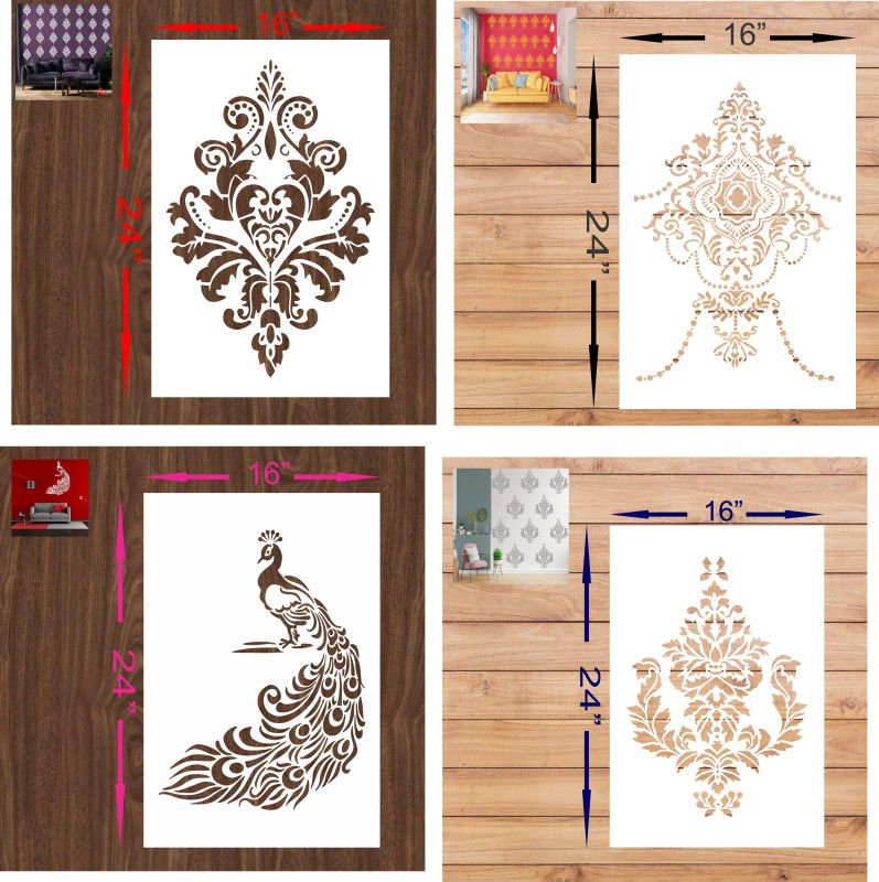 FLEXISHINE DECOR (Size:- 16X24 Inch) THEME-Damask, Chandelier, Peacock ,AND Quilting Pattern Reusable Design Ideal For Bedroom, Kids Room and Living Room Decoration Stencil  (Pack of 4, Paint Home Decor)