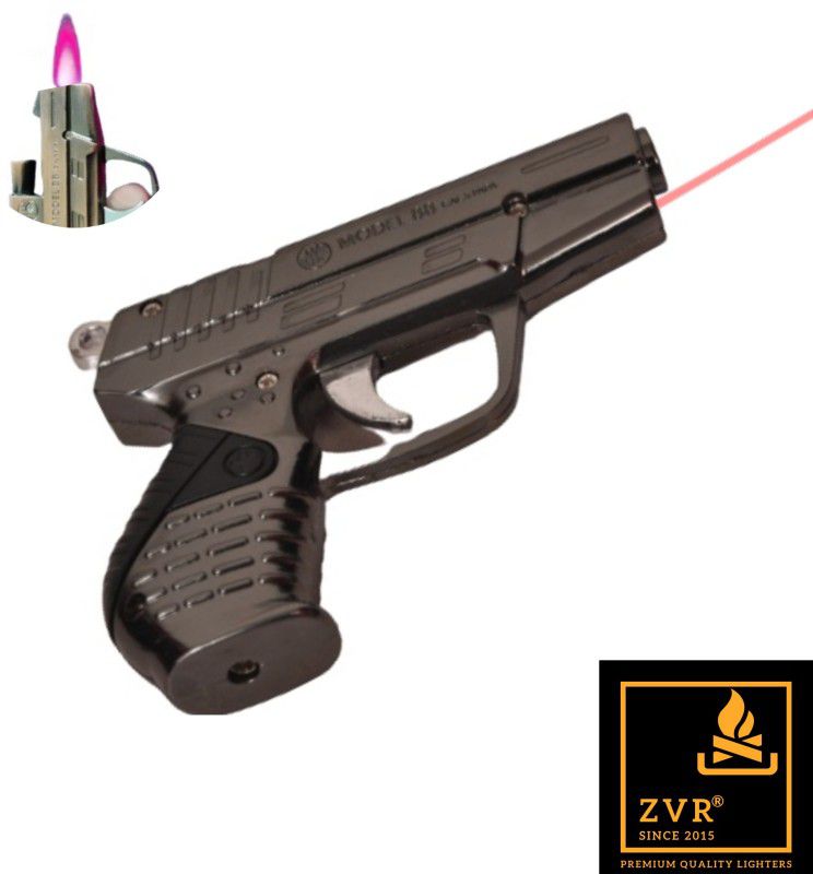 ZVR 2 In 1 Metal Gun Shaped Windproof Flame Cigarette Lighter + Red Laser Light| Pistol Lighter Small Pocket Portable Slim Premium Quality Lighter for Smokers | Red Laser Pointer Gun Pocket Lighter  (Black)