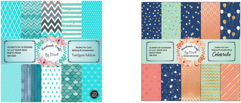 Dheett Turquois Edition and Celebrate Scrapbook Designer Paperpack Matte Finish Perfect for Making Greeting Cards Envelops Explosion Boxes and Albums Unruled 12 x 12 300 gsm Craft paper  (Set of 2, Multicolor)