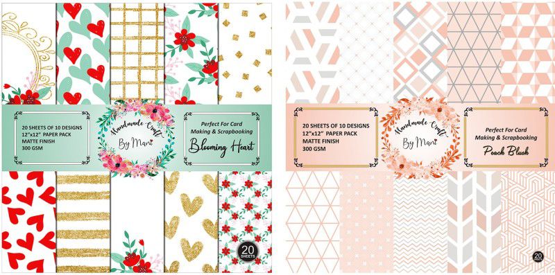 Dheett Blooming Heart and Peach Blush Scrapbook Designer Paperpack Matte Finish Perfect for Making Greeting Cards Envelops Explosion Boxes and Albums Unruled 12 x 12 300 gsm Craft paper  (Set of 2, Multicolor)