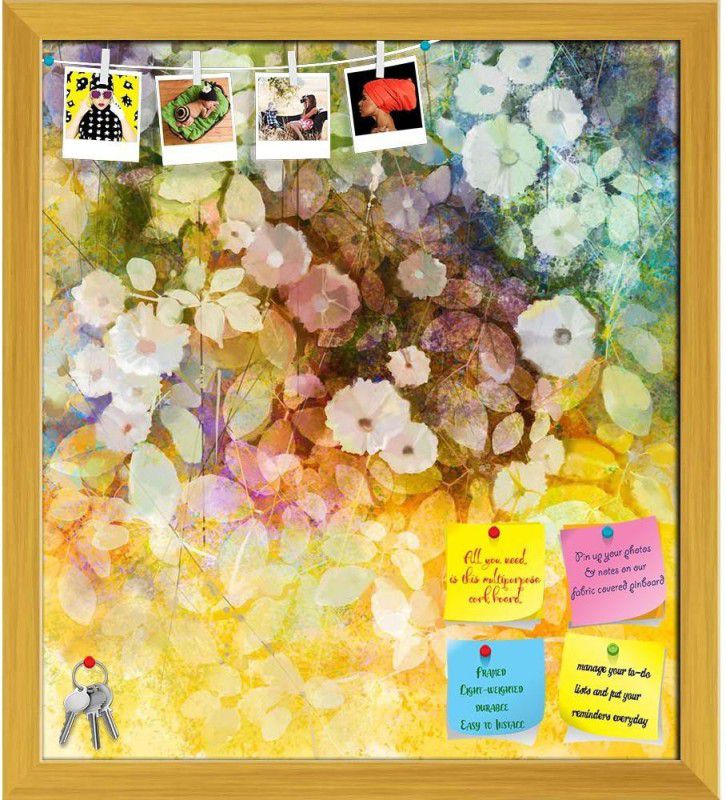 Artzfolio White Flowers & Soft Color Leaves Printed Bulletin Board Notice Pin Board Soft Board | Golden Frame 24inch x 26.9inch (61cms x 68.3cms) Bulletin Board Bulletin Board  (Multicolour)