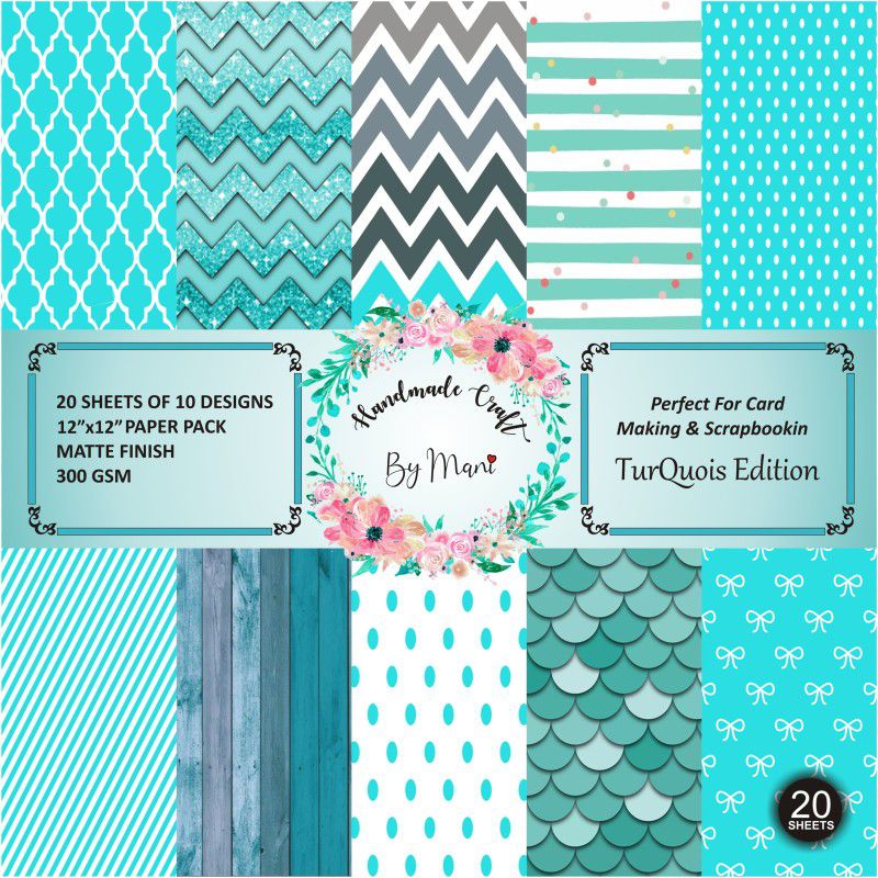 Dheett Turquois Edition Scrapbook Designer Paperpack Matte Finish Perfect for Making Greeting Cards Envelops Explosion Boxes and Albums 12 x 12 300 gsm Craft paper  (Set of 1, Turquois Edition)