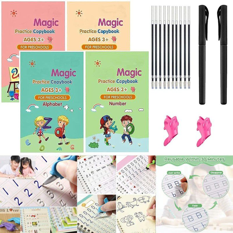 DGM 1 WRITING MAGIC BOOKS ( 4 Book + 10 Refill + 1 Pen + 1 Grip ) Nib Sketch Pens  (Set of 4, Multicolor)