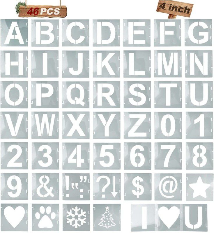 DEQUERA 46 PCS Reusable Plastic Letter Number Symbol Templates，Alphabet Letter Stencils for DIY, Wall Painting, Wood Painting, Art Craft, Fabric, Sign, Rock, Chalkboard (4 Inch) Stencil  (Pack of 1, Larger Letter Stencil)