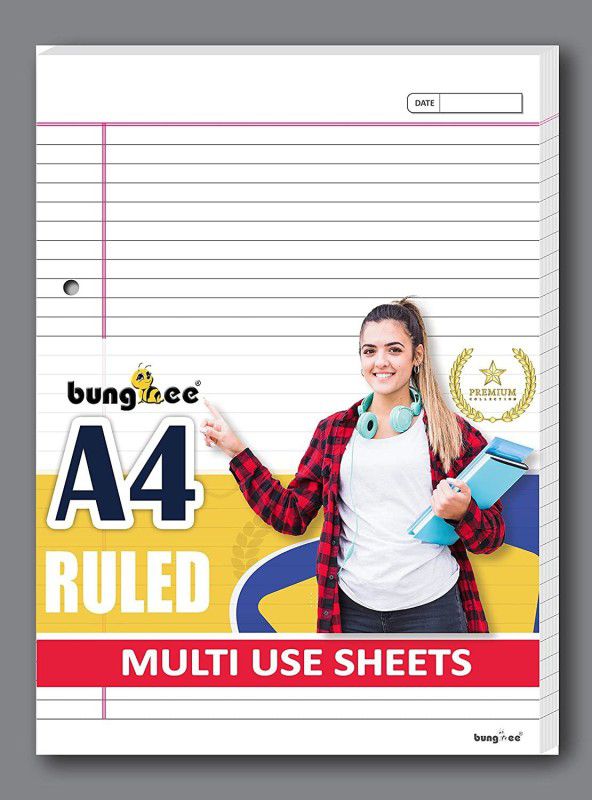 Bungbee A4 Ruled Sheets, Punched 100 Sheets, Dual Color- Magna Edition, One Side Ruled A4 90 gsm A4 paper  (Set of 1, Natural White)