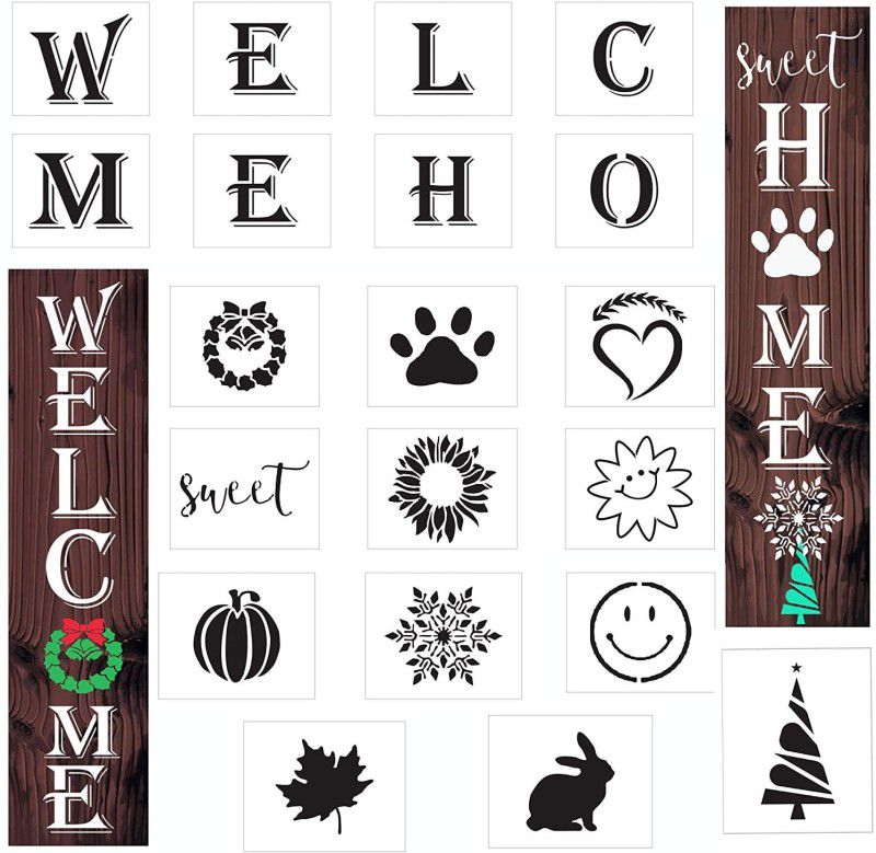 DEQUERA 20 PCS Welcome Letter Stencils for Painting On Wood, Large Home Reusable Porch S ign for Crafts Front Door Vertical and Horizontal (20) Wall, Paint Wooden Signs, Thanksgiving, DIY Home Yard Décor Stencil  (Pack of 1, Larger Letter Stencil)
