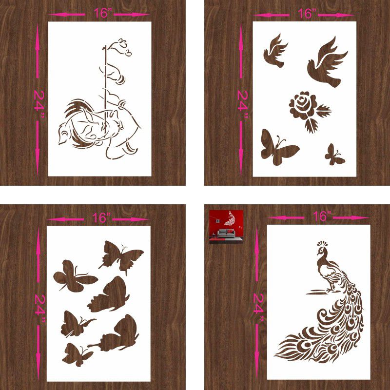 FLEXISHINE DECOR Size:- 16X24 Inch)THEME-krishna,BirdS Butterfly ,Butterflies,and Peacock pattern Pattern Reusable Design Ideal For Bedroom, Kids Room and Living Room Decoration Stencil  (Pack of 4, Paint Home Decor)
