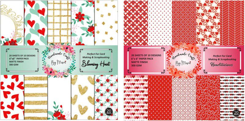 Dheett Blooming Heart and Heartilicious Scrapbook Designer Paperpack Matte Finish Perfect for Making Greeting Cards Envelops Explosion Boxes and Albums Unruled 6 x 6 300 gsm Craft paper  (Set of 2, Multicolor)