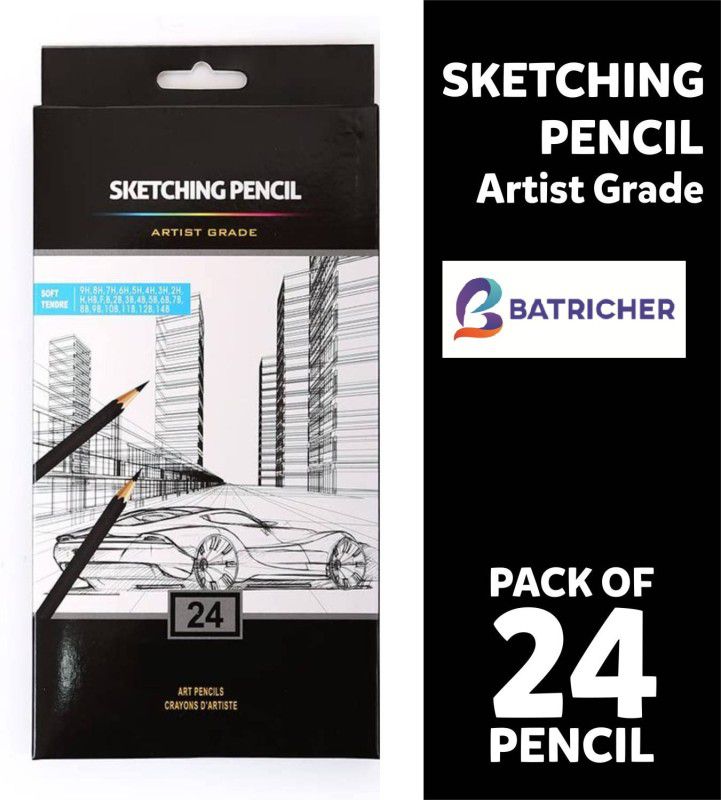 Batricher Premium Art Pencils 14B, 12B, 10B, 9B, 8B, 7B, 6B, 5B, 4B, 3B, 2B, B, HB, F, H - 9H, Graphite Shading Pencils for Beginners & Pro Artists Pencil  (Pack of 24)