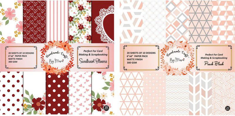 Dheett Sweetheart Blooms and Peach Blush Unruled 6 x 6 300 gsm Craft paper  (Set of 2, Multicolor)