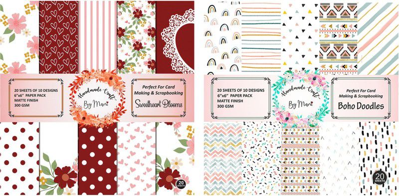 Dheett Sweetheart Blooms and Boho Doddles Scrapbook Designer Paperpack Matte Finish Perfect for Making Greeting Cards Envelops Explosion Boxes and Albums Unruled 6 x 6 300 gsm Craft paper  (Set of 2, Multicolor)