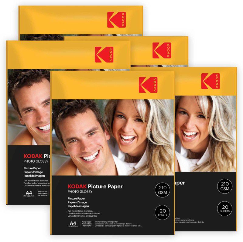 KODAK 210 GSM A4 100 Sheets High Glossy Cast Coated Water Resistant photo paper unruled A4 (210x297mm) 210 gsm Photo Paper  (Set of 5, White)