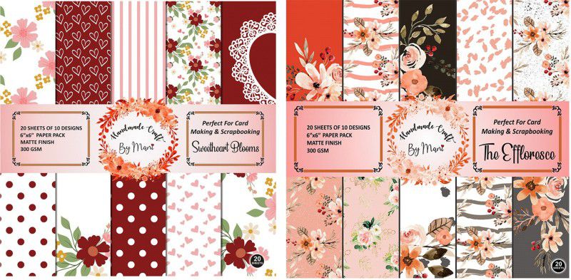 Dheett Sweetheart Blooms and The Effloresce Unruled 6 x 6 300 gsm Craft paper  (Set of 2, Multicolor)