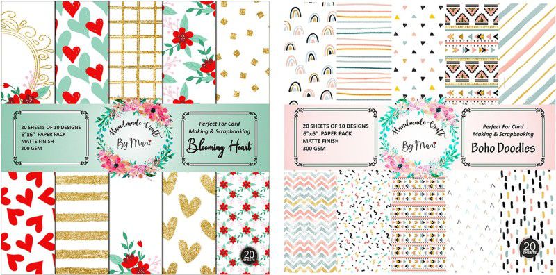 Dheett Blooming Heart and Boho Doddles Scrapbook Designer Paperpack Matte Finish Perfect for Making Greeting Cards Envelops Explosion Boxes and Albums Unruled 6 x 6 300 gsm Craft paper  (Set of 2, Multicolor)