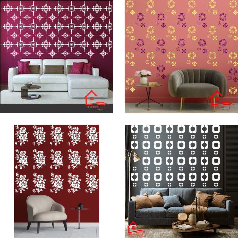 FLEXISHINE DECOR Wall Stencils (Size:- 16X24 Inch Theme- Modern.Dotted Circle.Rose.and.Square Suitable For Bedroom, Drawing Room & Office Decoration Modern Home Wall Arts Stencil  (Pack of 4, Stencil)