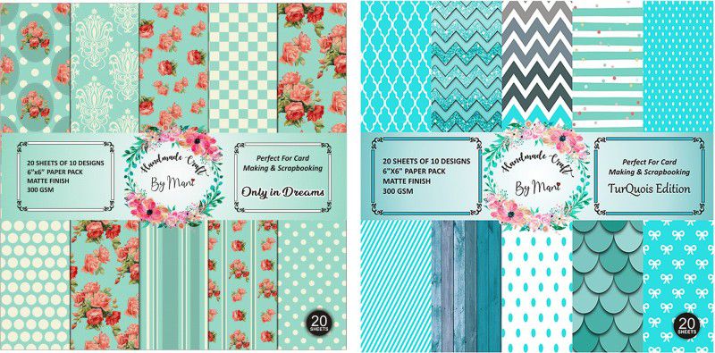 Dheett Only in Dreams and Turquoise Edition Scrapbook Designer Paperpack Matte Finish Perfect for Making Greeting Cards Envelops Explosion Boxes and Albums Unruled 6 x 6 300 gsm Craft paper  (Set of 2, Multicolor)
