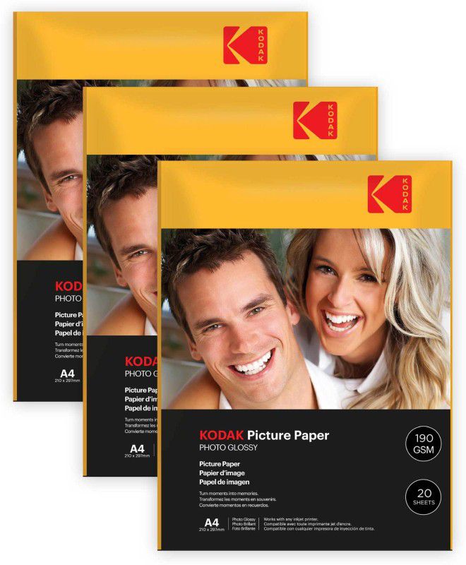 KODAK 190 GSM A4 60 Sheets High Glossy Cast Coated Water Resistant photo paper unruled A4 (210x297mm) 190 gsm Photo Paper  (Set of 3, White)