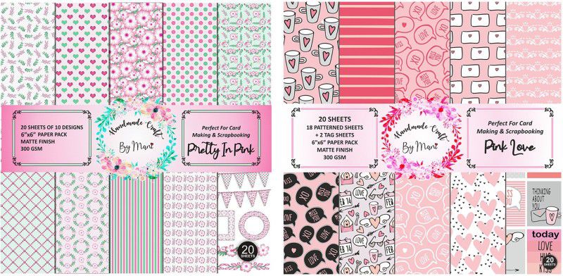 Dheett Pretty In Pink and Pink Love Scrapbook Designer Paperpack Matte Finish Perfect for Making Greeting Cards Envelops Explosion Boxes and Albums Unruled 6 x 6 300 gsm Craft paper  (Set of 2, Multicolor)