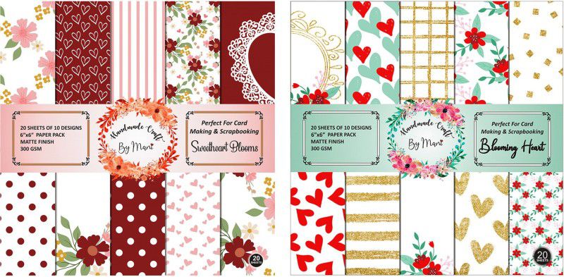 Dheett Sweetheart Blooms and Blooming Heart Scrapbook Designer Paperpack Matte Finish Perfect for Making Greeting Cards Envelops Explosion Boxes and Albums Unruled 6 x 6 300 gsm Craft paper  (Set of 2, Multicolor)