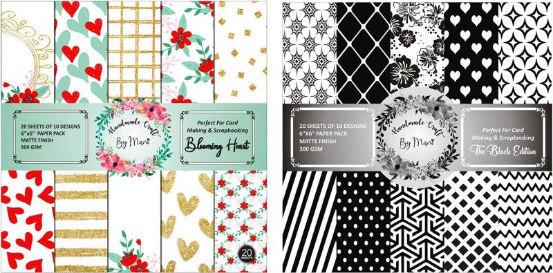 Dheett Blooming Heart and The Black Edition Scrapbook Designer Paperpack Matte Finish Perfect for Making Greeting Cards Envelops Explosion Boxes and Albums Unruled 6 x 6 300 gsm Craft paper  (Set of 2, Multicolor)