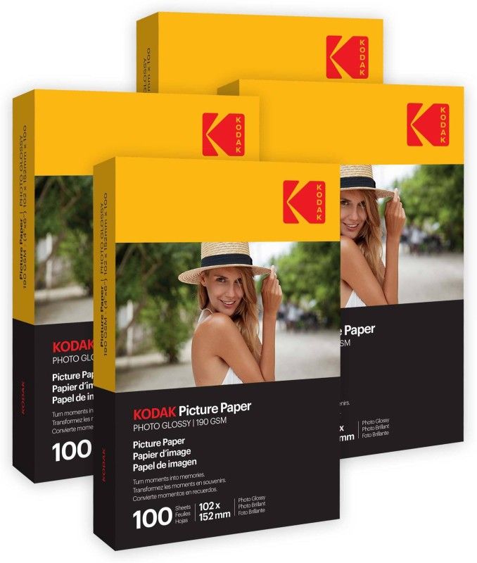KODAK 190 GSM 4R 400 Sheets High Glossy Cast Coated Water Resistant Photo Paper unruled 4R (4X6 inch) 190 gsm Photo Paper  (Set of 4, White)