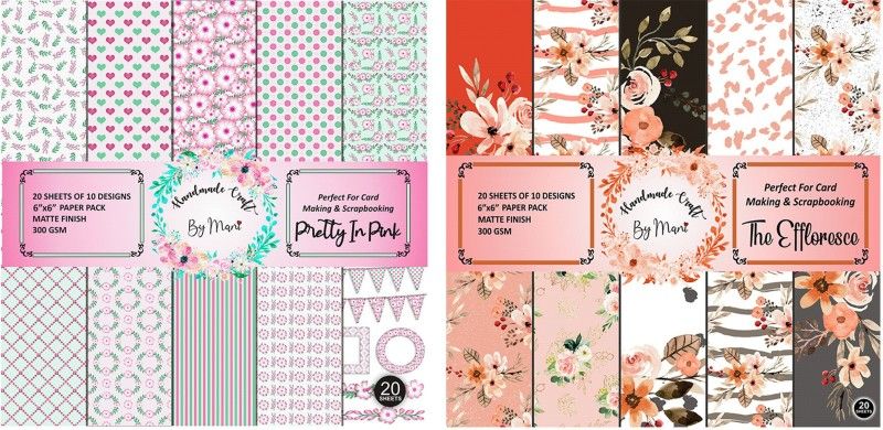 Dheett Pretty In Pink and The Effloresce Scrapbook Designer Paperpack Matte Finish Perfect for Making Greeting Cards Envelops Explosion Boxes and Albums Unruled 6 x 6 300 gsm Craft paper  (Set of 2, Multicolor)