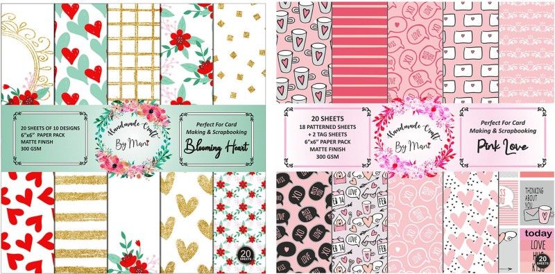 Dheett Blooming Heart and Pink Love Scrapbook Designer Paperpack Matte Finish Perfect for Making Greeting Cards Envelops Explosion Boxes and Albums Unruled 6 x 6 300 gsm Craft paper  (Set of 2, Multicolor)