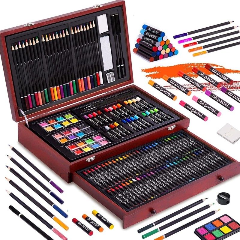 Corslet 142 Pc Drawing Kit Sketch Pencils Set for Artists Wooden Art Kit Sketching Kit Crayons Colour Oil Pastels Drawing Pencils, Watercolor Cakes Brush Sharpener Shaped Color Pencils  (Set of 142, Multicolor)