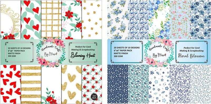 Dheett Blooming Heart and Floral Blossom Scrapbook Designer Paperpack Matte Finish Perfect for Making Greeting Cards Envelops Explosion Boxes and Albums Unruled 6 x 6 300 gsm Craft paper  (Set of 2, Multicolor)