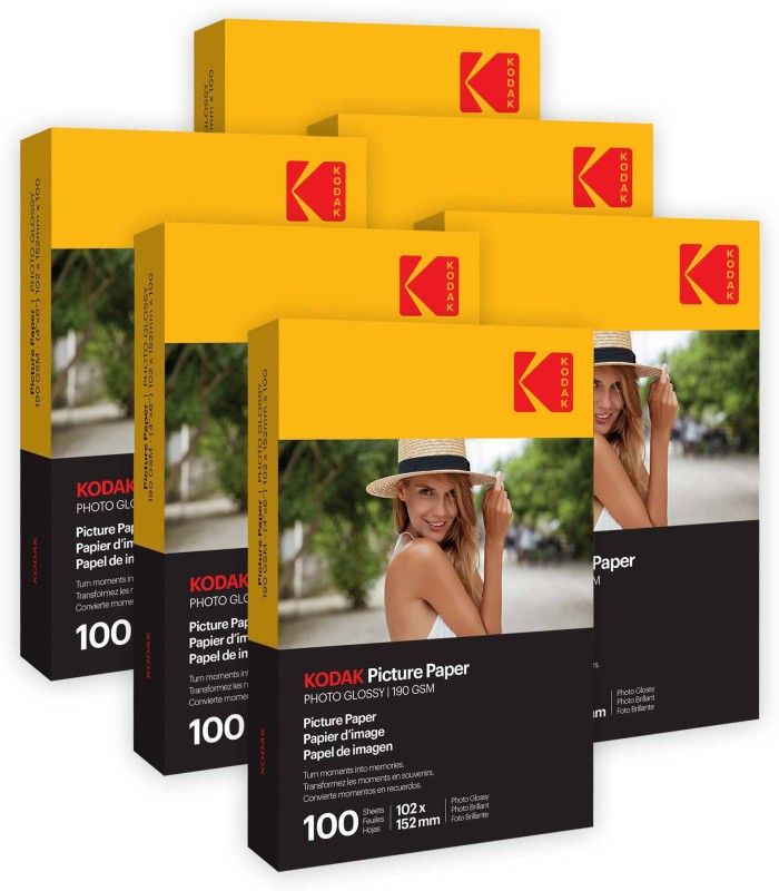 KODAK 190 GSM 4R 600 Sheets High Glossy Cast Coated Water Resistant Photo Paper unruled 4R (4X6 inch) 190 gsm Photo Paper  (Set of 6, White)
