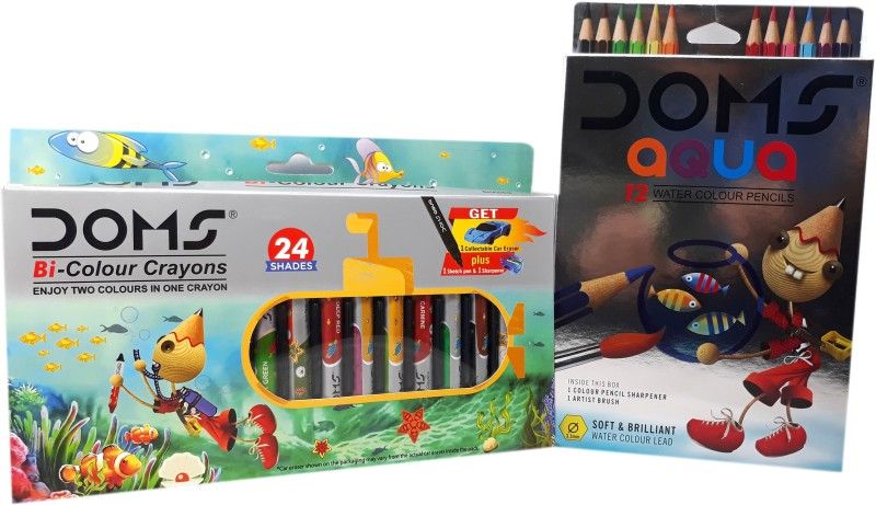 DOMS Majestic Basket 12 Aqua Water Colour Pencil Alongwith 24 Shade of Bi-Color Crayons [Two Colours In One Crayon] Hexagonal Shaped Color Pencils  (Set of 2, Multicolor)
