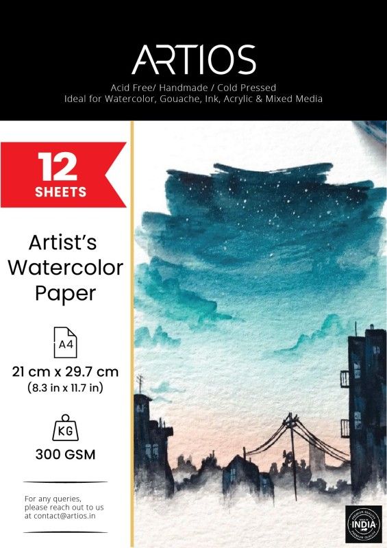 ARTIOS Artists' Watercolour Paper (A4 12 Sheets) Rough Handmade for Water colour, Acrylic, Gouache, Ink & Mixed Media A4 300 gsm Watercolor Paper  (Set of 1, White)