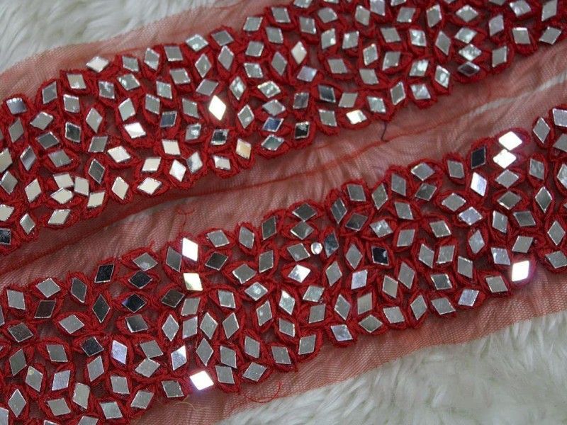 CMHOWLITE Red Embellished Mirror Work Embroidered Border, Package of 9 Meter,Width 2 inch (5.08 cm) for Bridal Lehenga, Party Saree, Blouse, Fancy Border Lace, Dupatta Lace Reel  (Pack of 1)