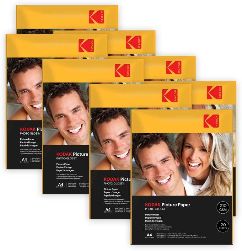 KODAK 210 GSM A4 160 Sheets High Glossy Cast Coated Water Resistant photo paper unruled A4 (210x297mm) 210 gsm Photo Paper  (Set of 8, White)