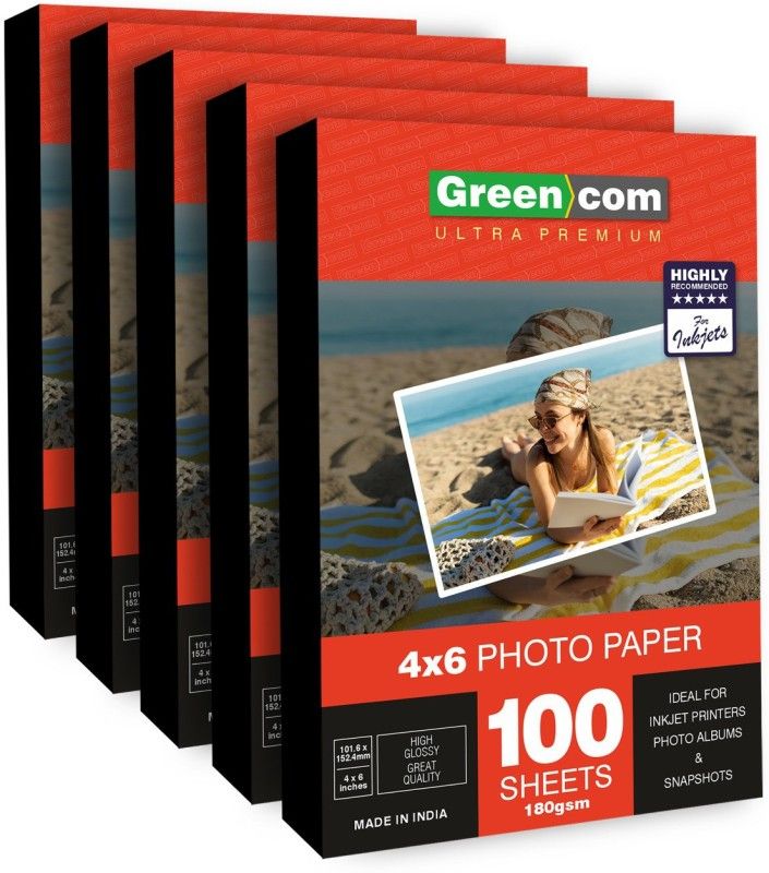 greencom Premium Plus Glossy Photo Paper 4x6 '' 10x15 cm 500 Sheets Unruled for Canon Hp Epson Inkjet Printer 4R 180 gsm Photo Paper  (Set of 5, Glossy White)