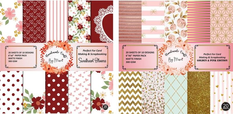 Dheett Sweetheart Blooms and Golden and Pink Edition Scrapbook Designer Paperpack Matte Finish Perfect for Making Greeting Cards Envelops Explosion Boxes and Albums Unruled 6 x 6 300 gsm Craft paper  (Set of 2, Multicolor)