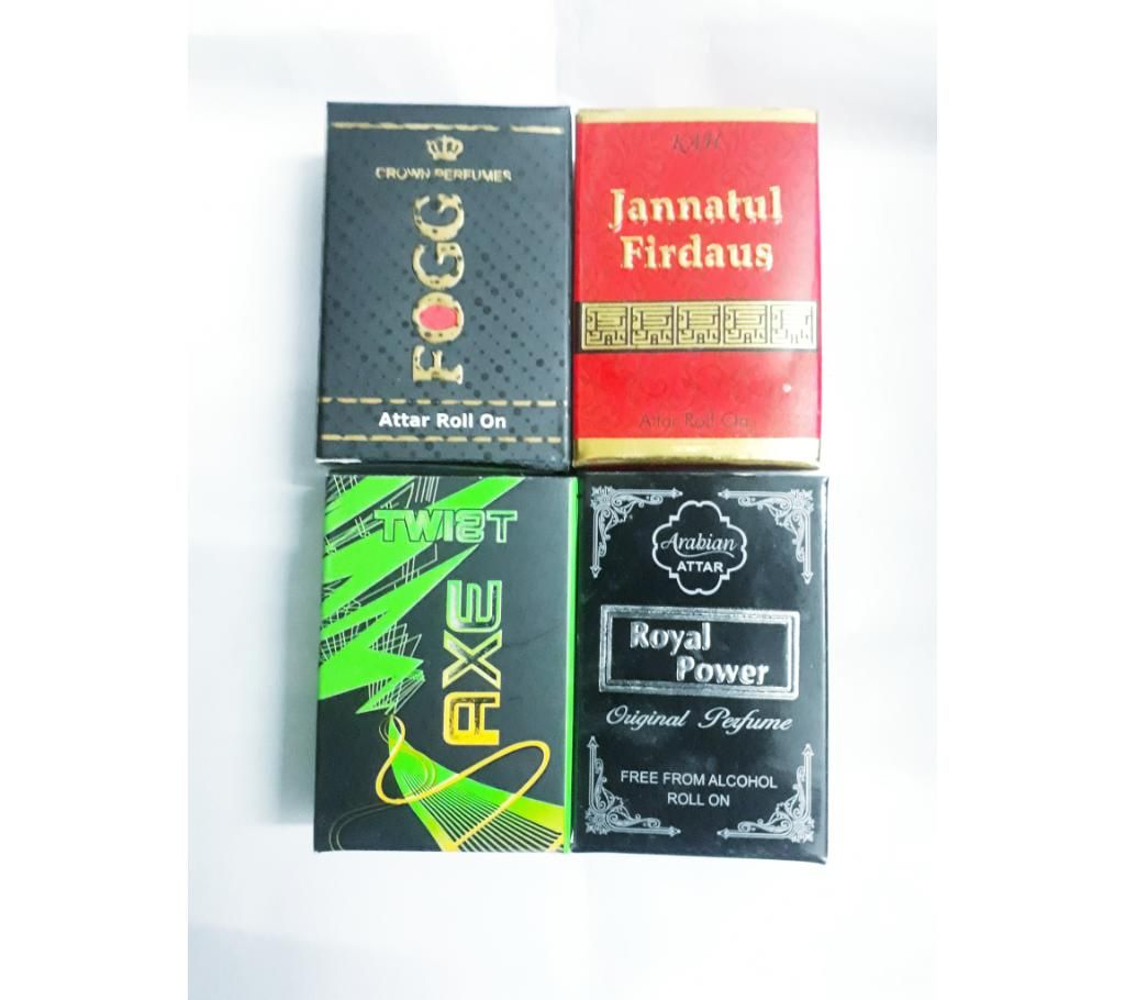 4 Pcs Concentrated Perfume (Attor) Combo - Royal Power, JF, Fogg, Axe